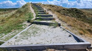 A pathway leading uphill with concrete steps and grass on either side.