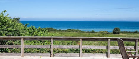 A wooden deck with a view of the ocean.