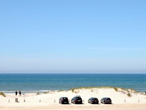 A beach with a clear sky, a sandy area, and four parked cars. - 4 Star Holiday Home in Henne (Henne)