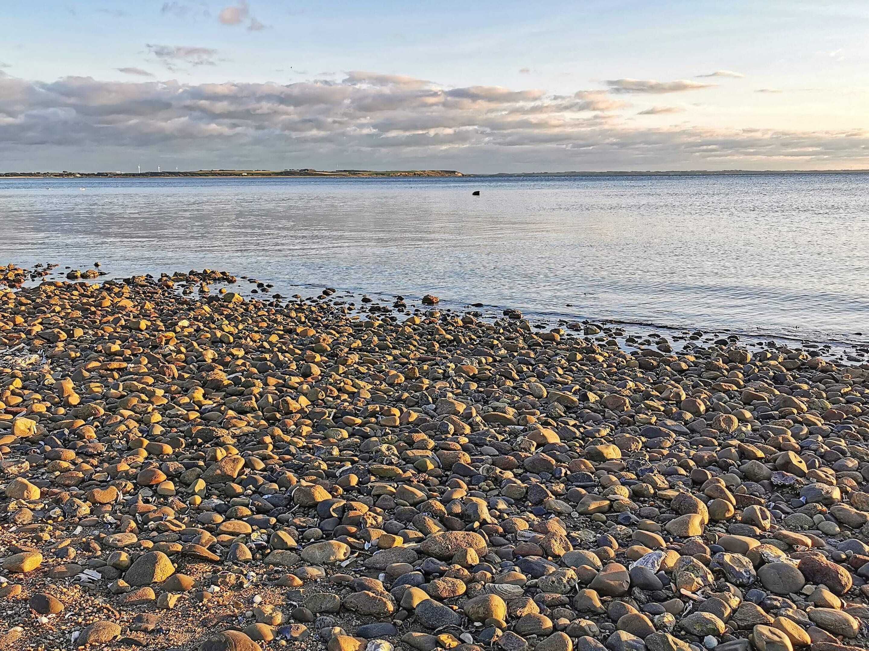 Ein Kiesstrand mit ruhiger See und bewölktem Himmel.