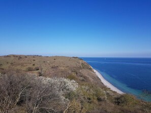Paisaje costero con playa, cielo despejado y vegetación escasa.