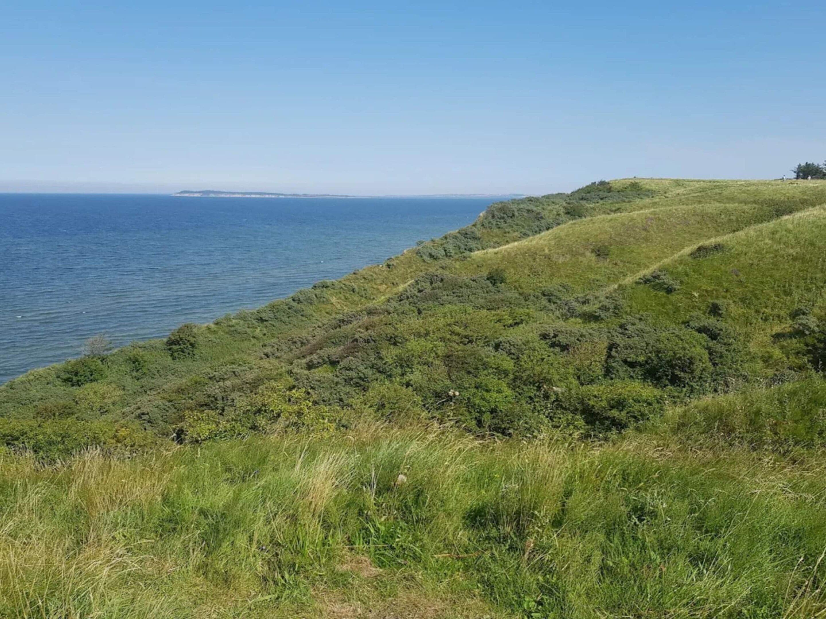 Een kustlandschap met glooiende heuvels en uitzicht op zee.