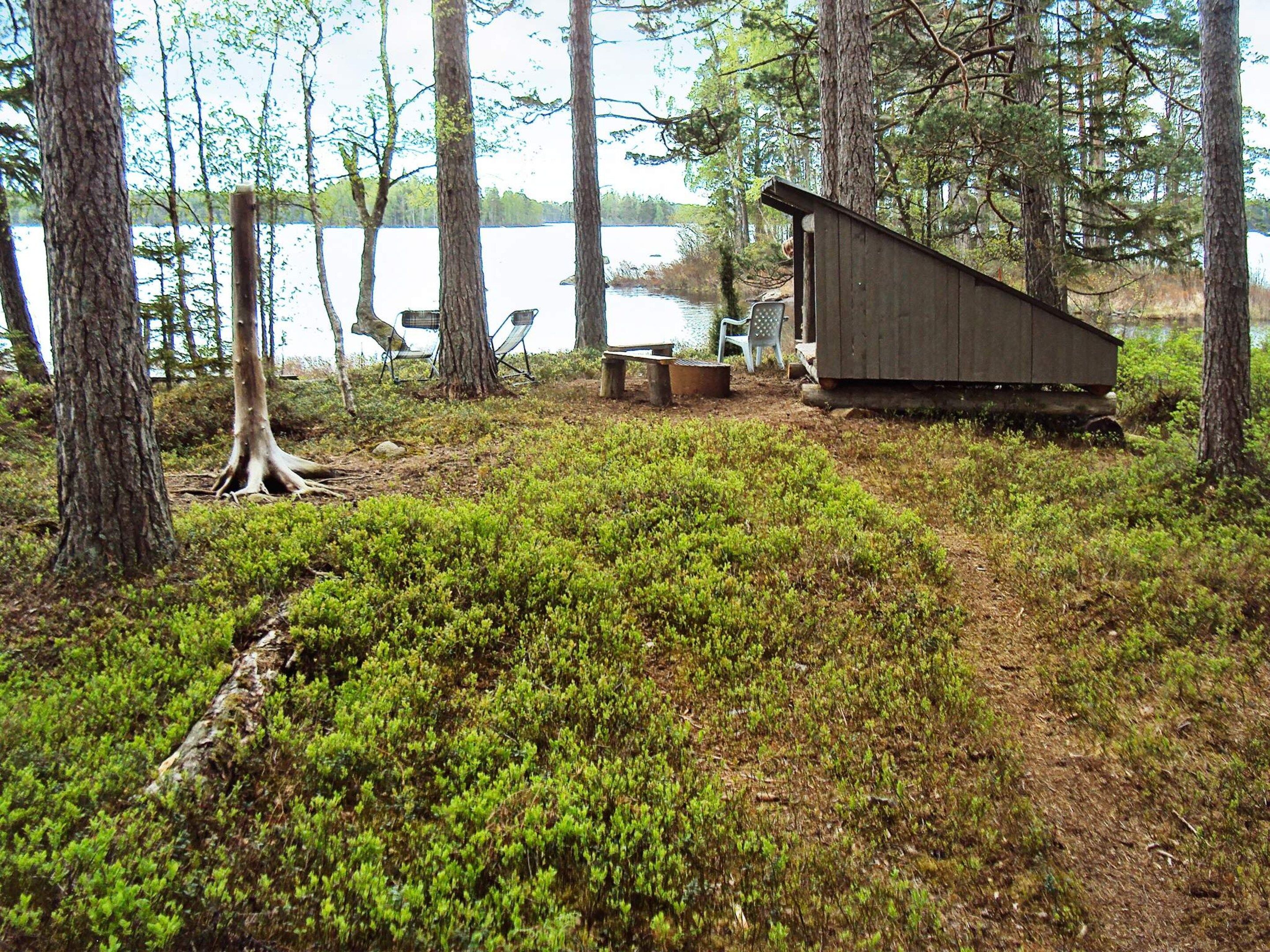 A cabin with a dock extending into a lake, surrounded by dense forest.