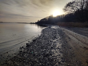 A beach with a pebbly shore, a clear sky, and trees in the background. - 4 Person Holiday Home in Snedsted (Snedsted)