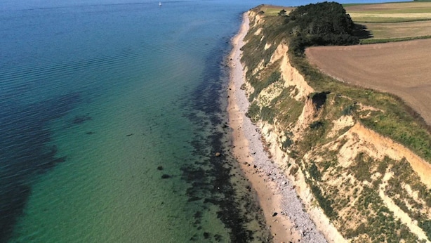 Un paysage côtier avec une plage, une eau claire et une ligne de côte qui s’étend au loin.