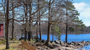 A lakeside cabin with a wooden staircase leading to a dock, surrounded by trees and a rocky shoreline. - Holiday Home in Kalv (Kalv)