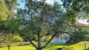 A tree in a grassy area with a building in the background. - Holiday Home in Kalv (Kalv)