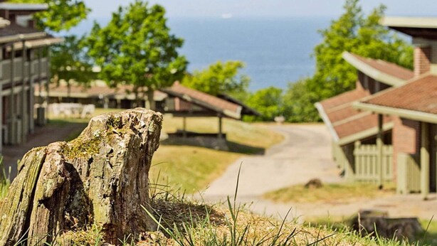 A rustic wooden structure with a view of the ocean.