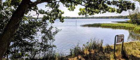 A lakeside view with a sign indicating a grill area.