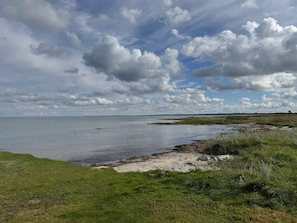 A coastal landscape with a body of water, grassy areas, and a cloudy sky. - 10 Person Holiday Home in Orsted (Ørsted)