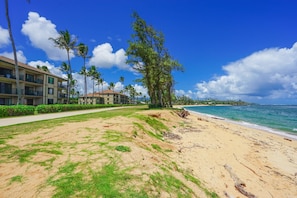 On the beach, sun-loungers, beach towels