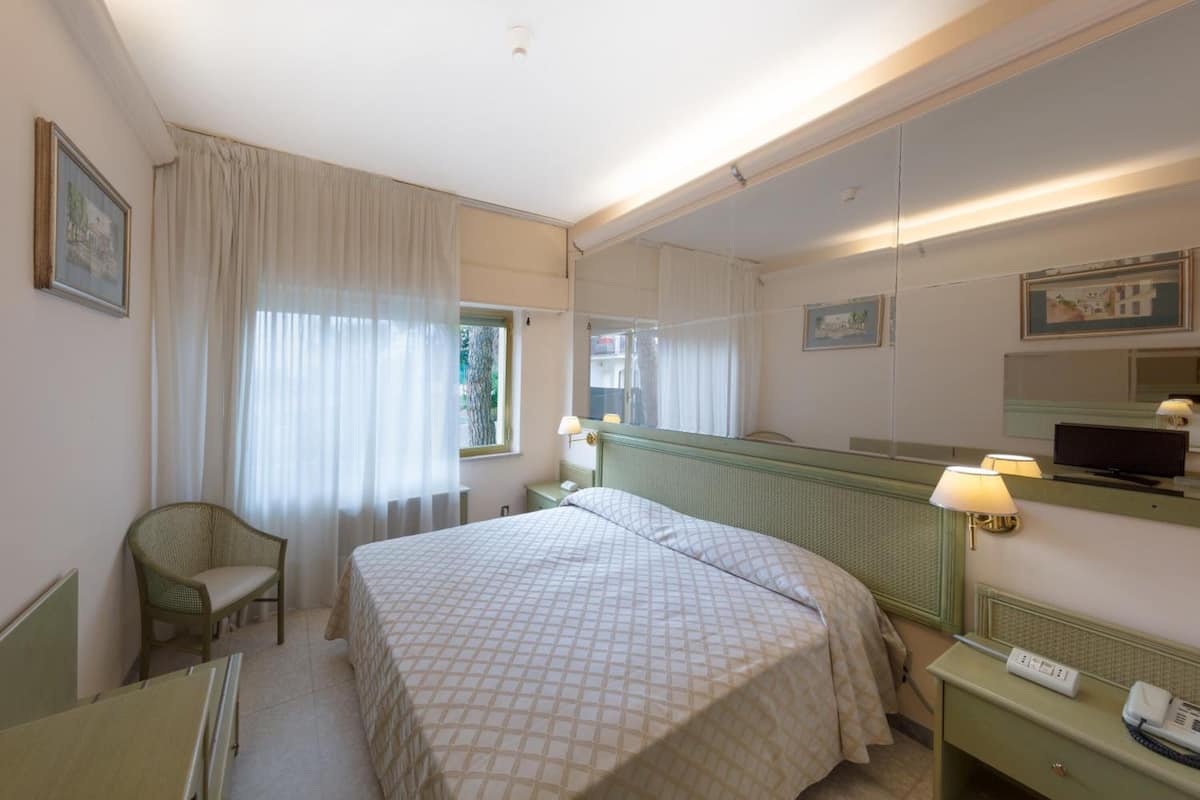 A hotel room with a bed, a chair, a desk, a telephone, and a television.