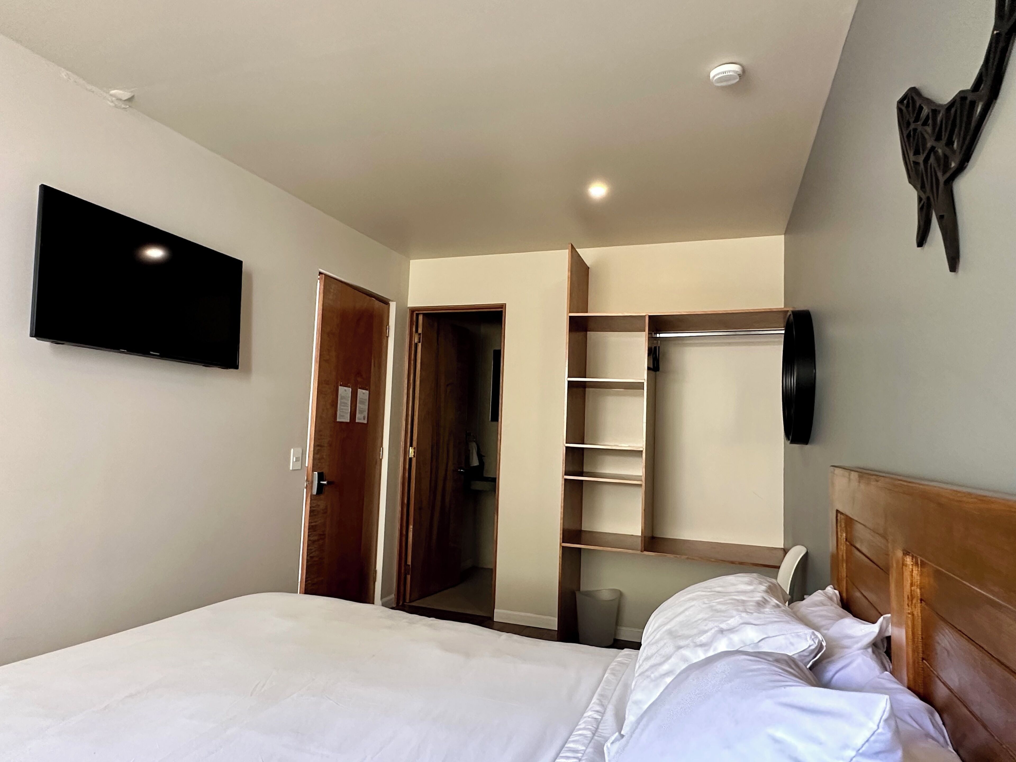 A bedroom with a bed, a TV mounted on the wall, a wooden headboard, and a closet with shelves.