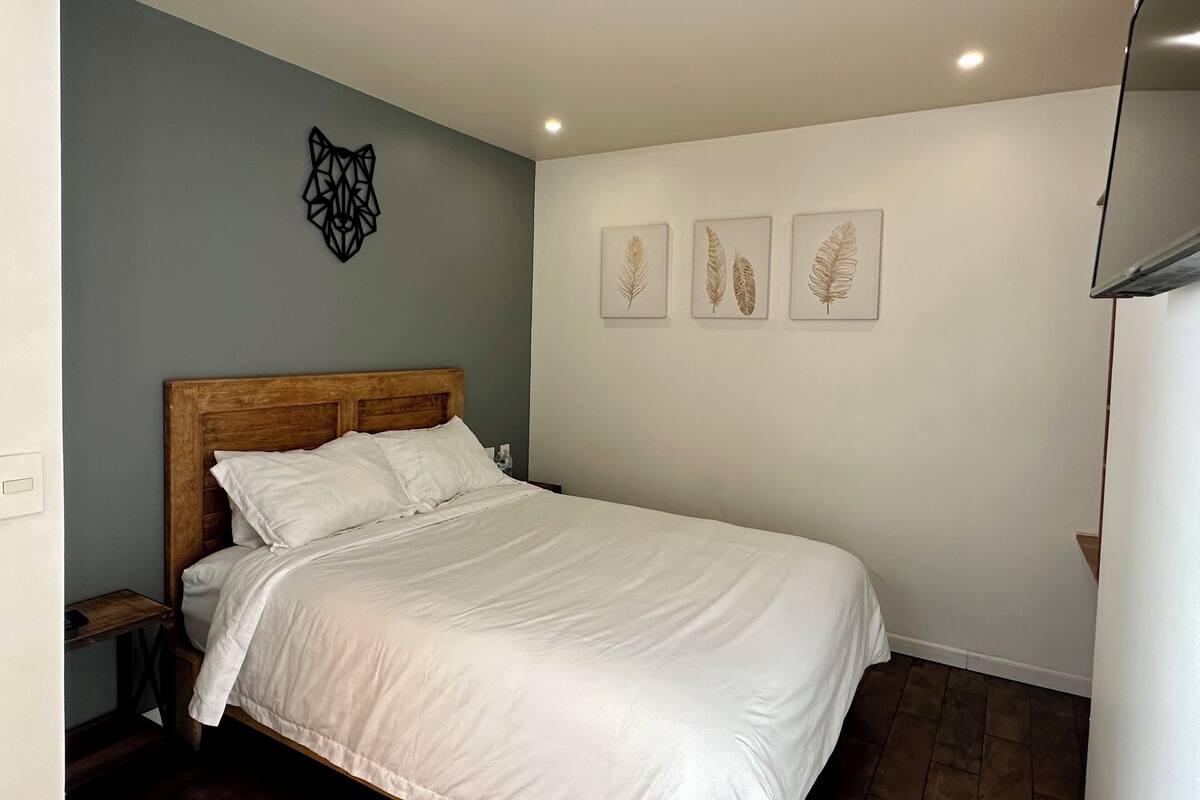 A bedroom with a wooden headboard, white bedding, and three feather wall art pieces.