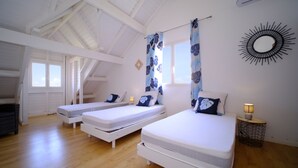 Une chambre avec deux lits simples, une lucarne, un grand miroir et un plancher en bois.