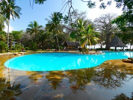 Una piscina al aire libre, sombrillas, sillones reclinables de piscina