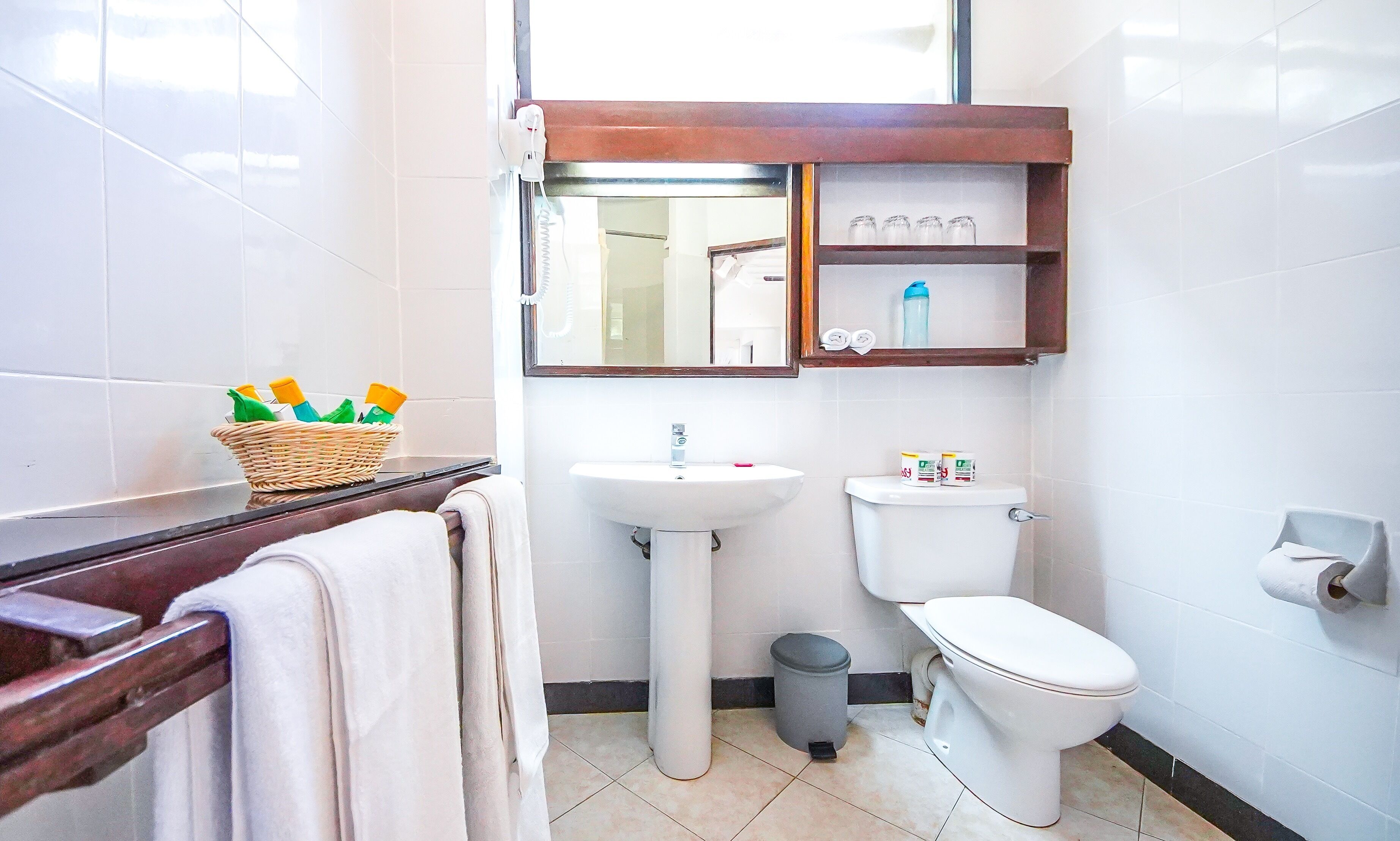 A bathroom with a white sink, a toilet, a mirror, and a shelf with toiletries.