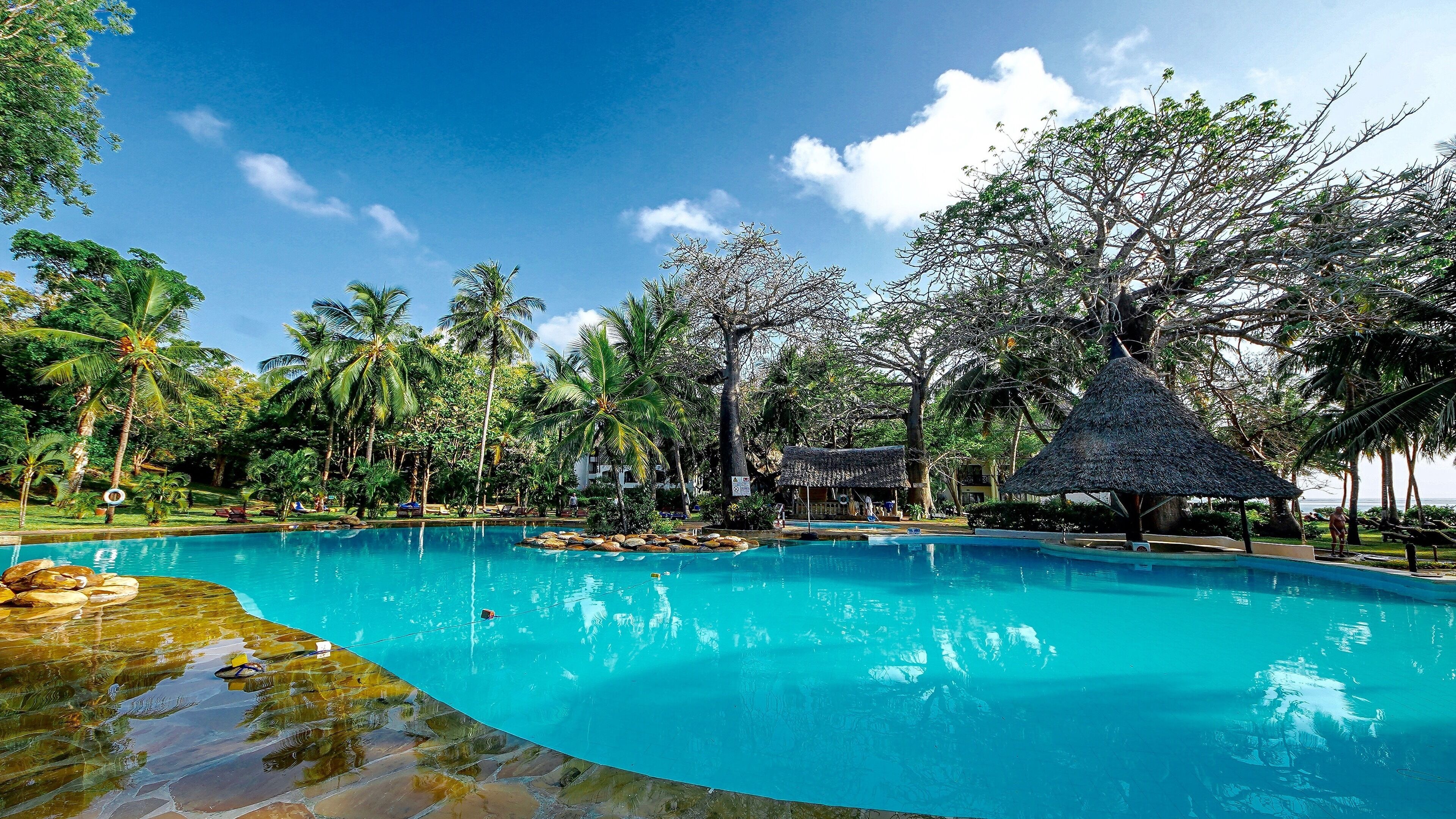 Una piscina azul cristalina rodeada de exuberante vegetación tropical y una estructura con techo de paja.