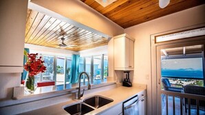 A modern kitchen with a wooden ceiling, a large window, and a view of the sea.