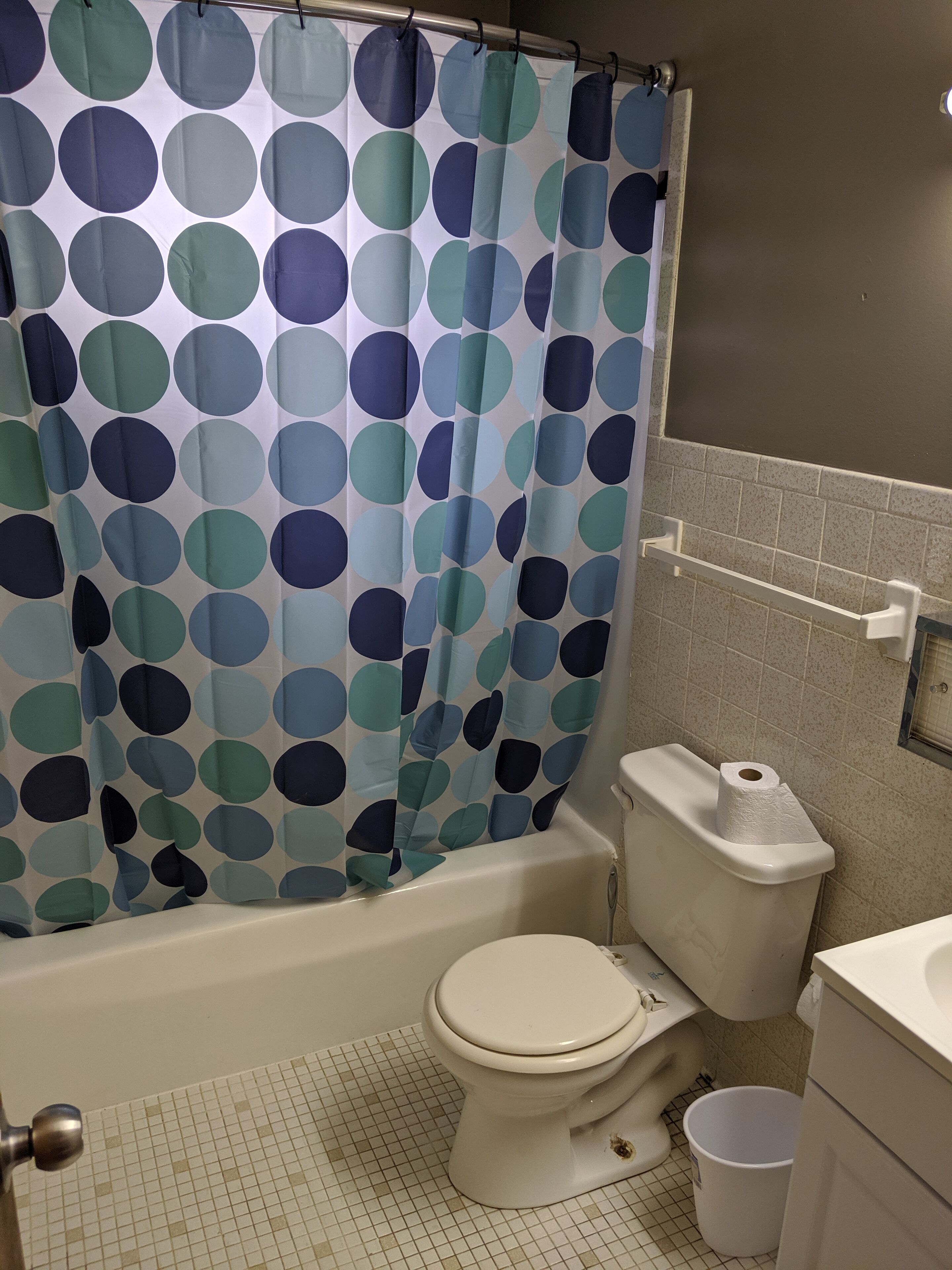 Kombinert dusj/badekar, håndklær og toalettpapir