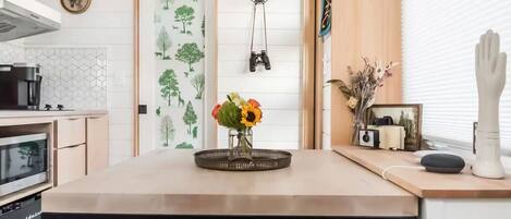 Fridge, microwave, stovetop, coffee/tea maker