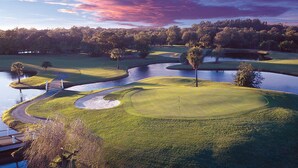 A golf course with a water hazard, sand bunkers, and a bridge. - Beautiful Two Bedroom Condo w/ all the amenities!  (Palm Harbor)
