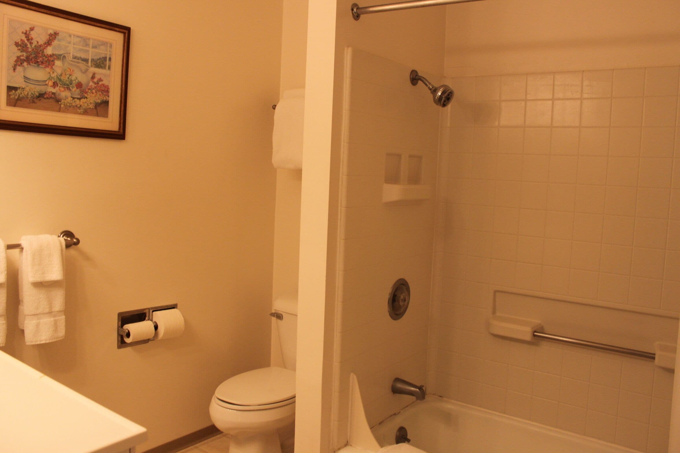 A bathroom with a toilet, a shower, and a sink.