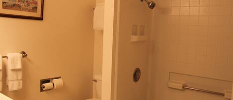 A bathroom with a toilet, a shower, and a sink.