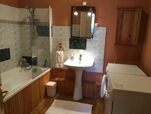 Combined shower/bathtub, hair dryer, towels, toilet paper
