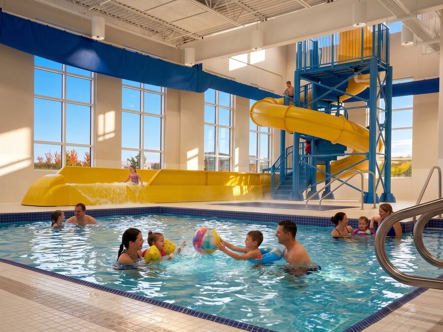 Una piscina cubierta con tobogán y torre de socorristas.