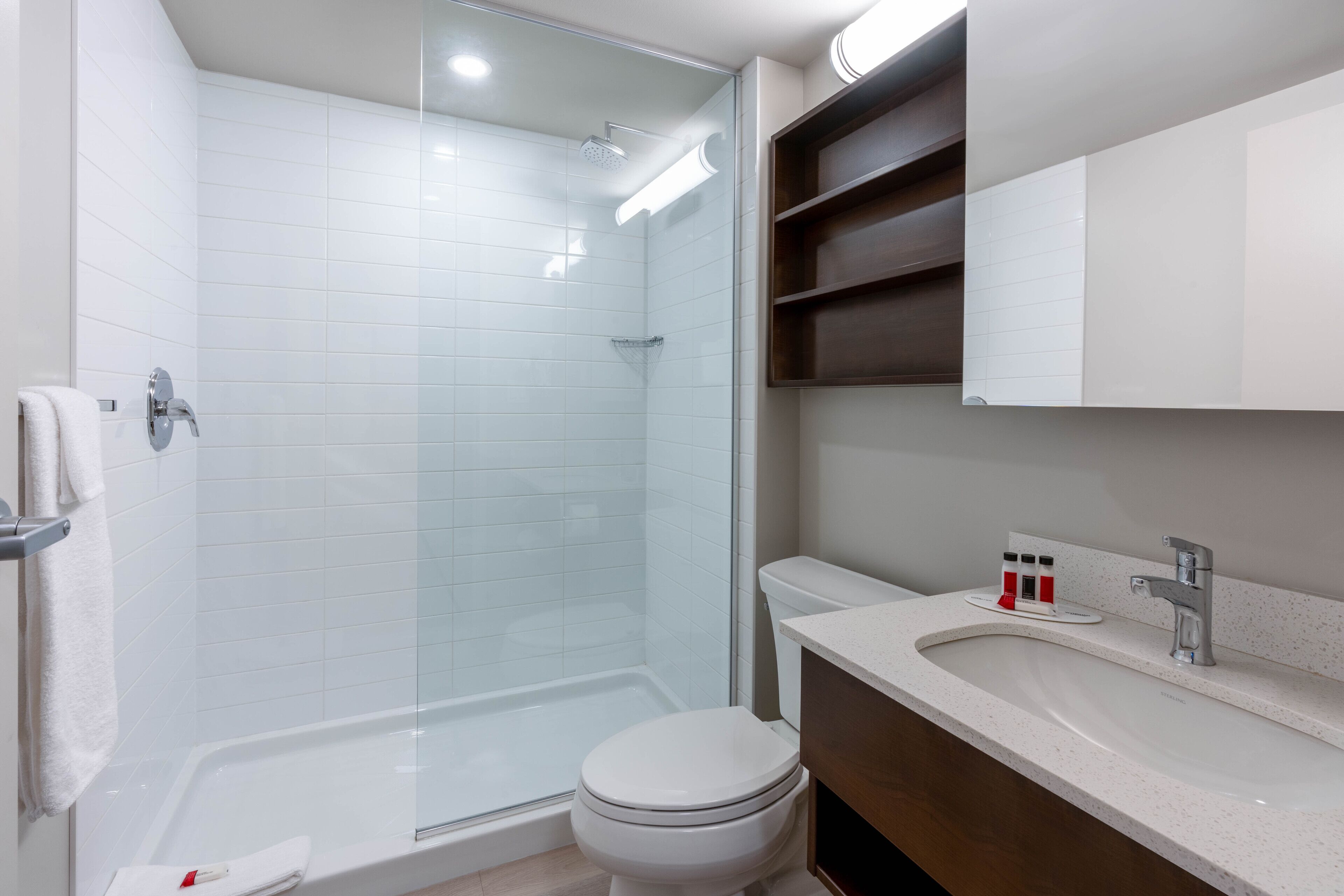 A modern bathroom with a glass-enclosed shower, a white toilet, and a vanity with a sink and mirror.