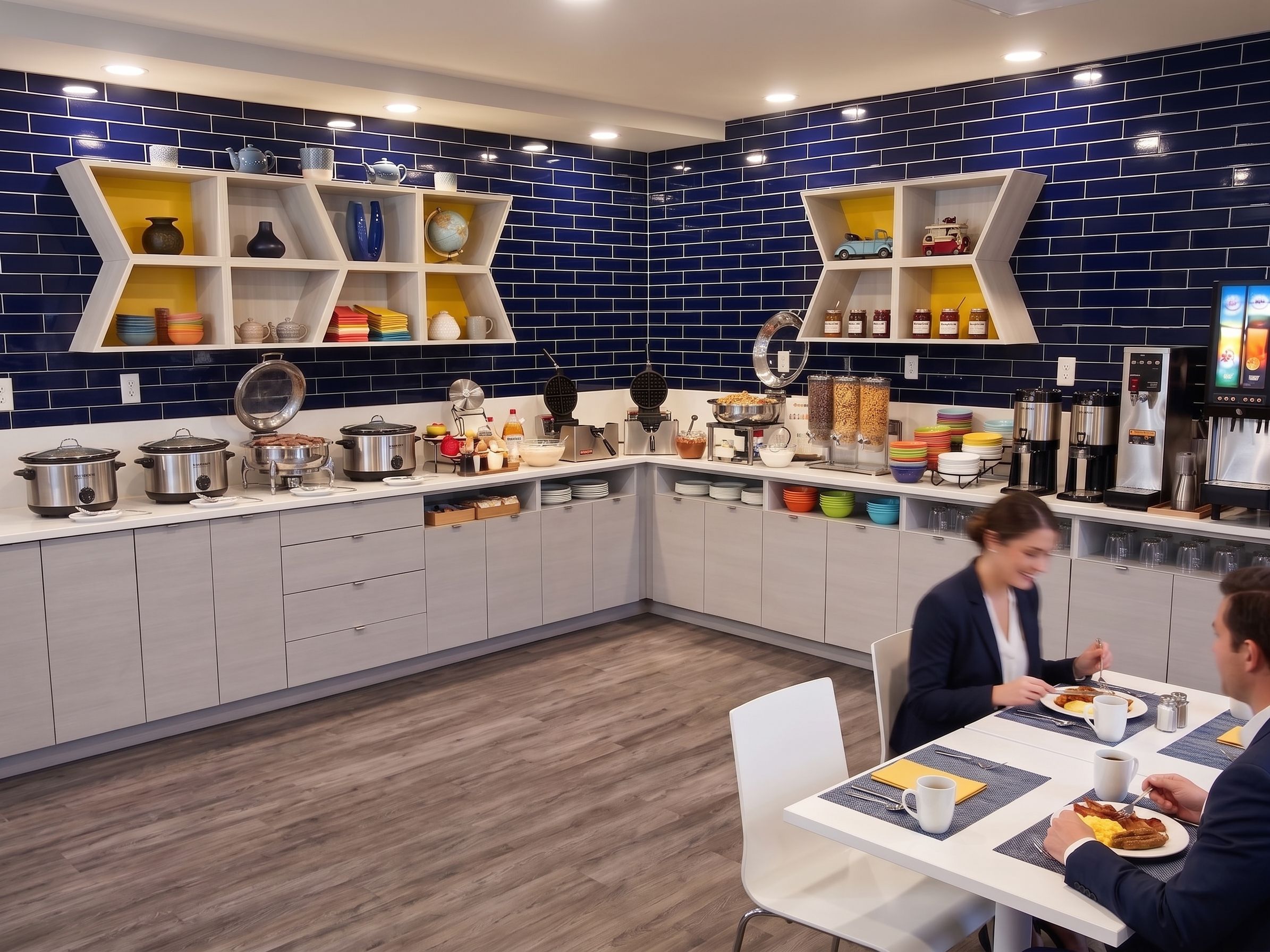 A modern kitchen with built-in appliances, a breakfast bar, and a dining area with a table and chairs.