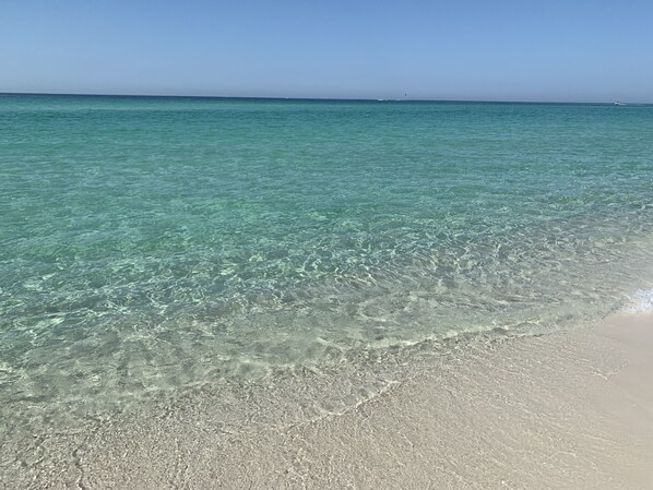 On the beach, sun loungers