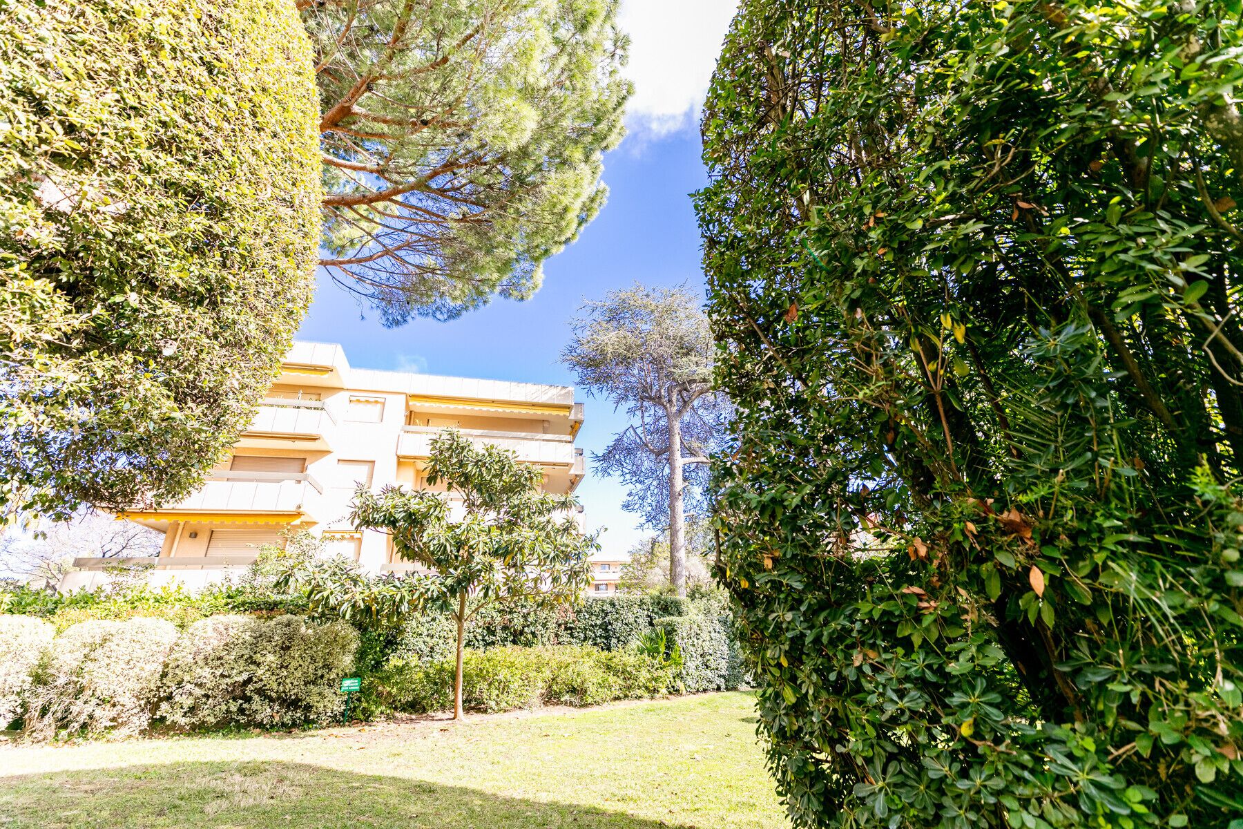 A well-maintained garden with neatly trimmed hedges, a grassy lawn, and a building with multiple balconies in the background.