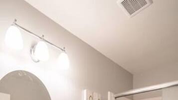 Combined shower/tub, hair dryer, towels, soap