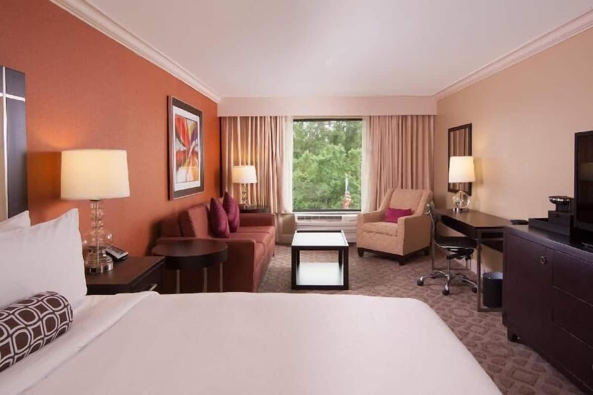 A hotel room with a bed, a desk, a chair, a sofa, and a television.