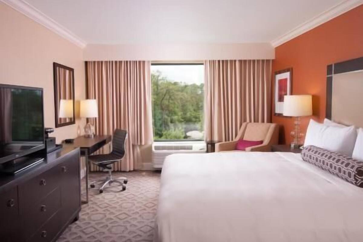 A hotel room with a bed, desk, chair, TV, and a view of greenery outside.