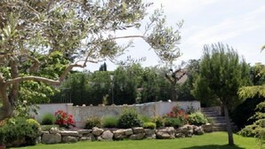Un jardín bien cuidado con un muro de piedra, césped y diferentes arbustos y árboles.