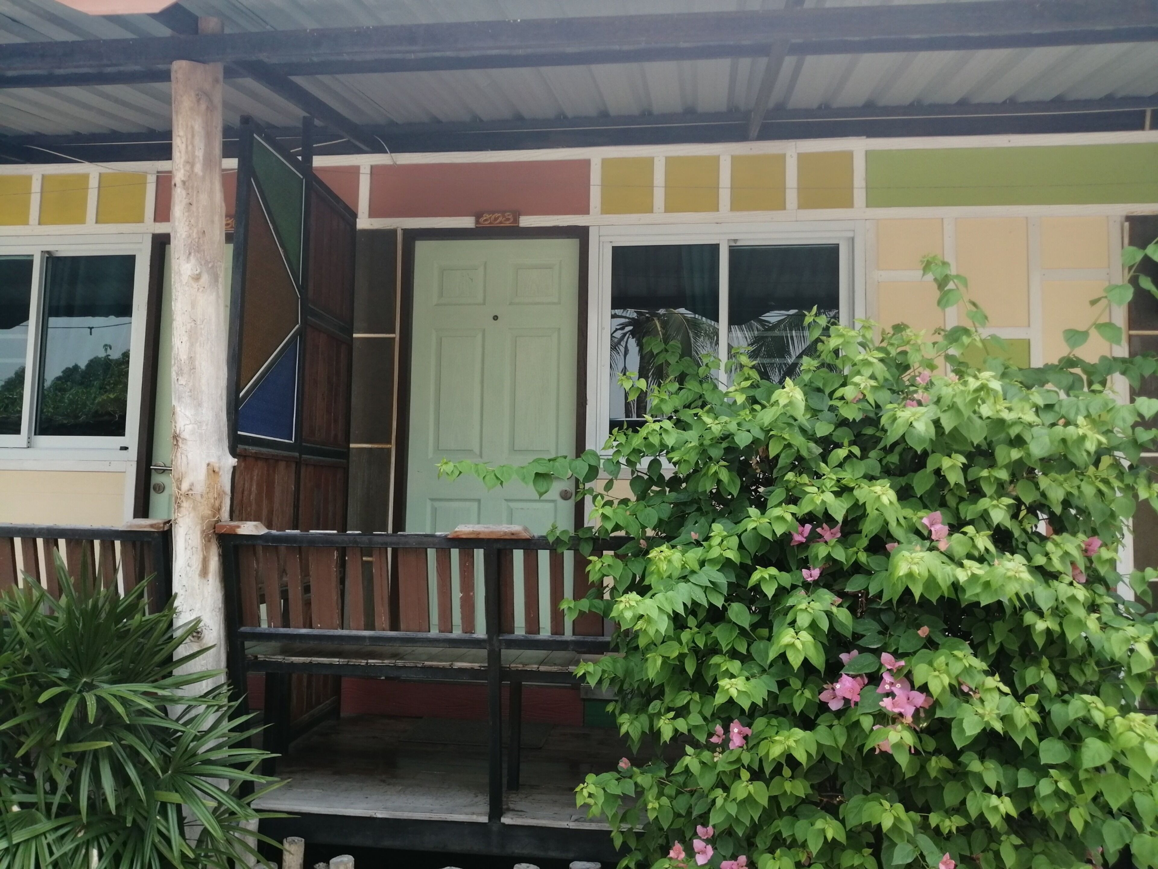 A two-story building with a green door, a balcony with a railing, and a large bush with pink flowers.