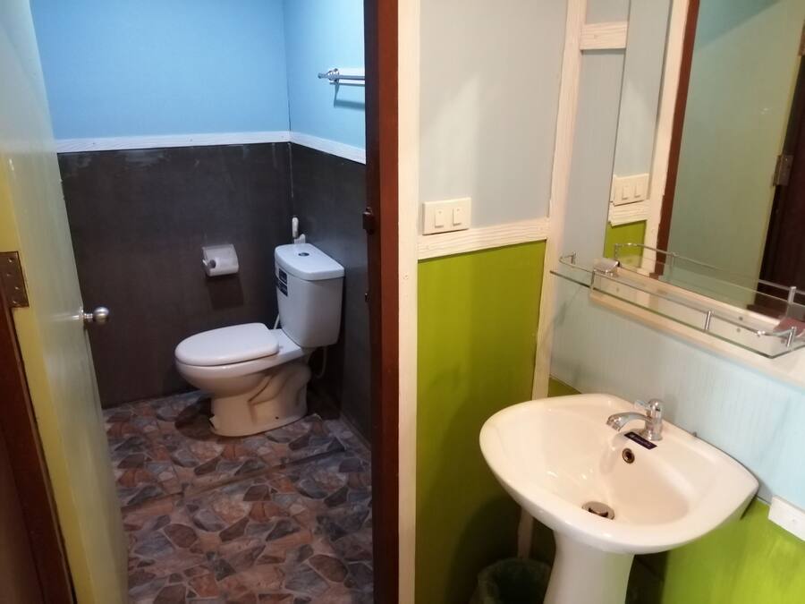 A bathroom with a toilet, a sink, and a mirror.