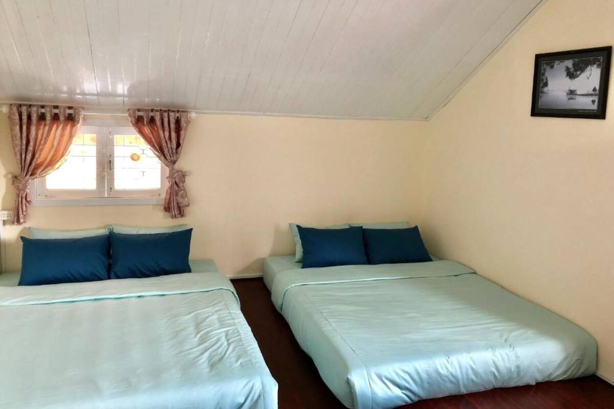 A room with two beds, each with blue bedding, a window with curtains, and a framed picture on the wall.
