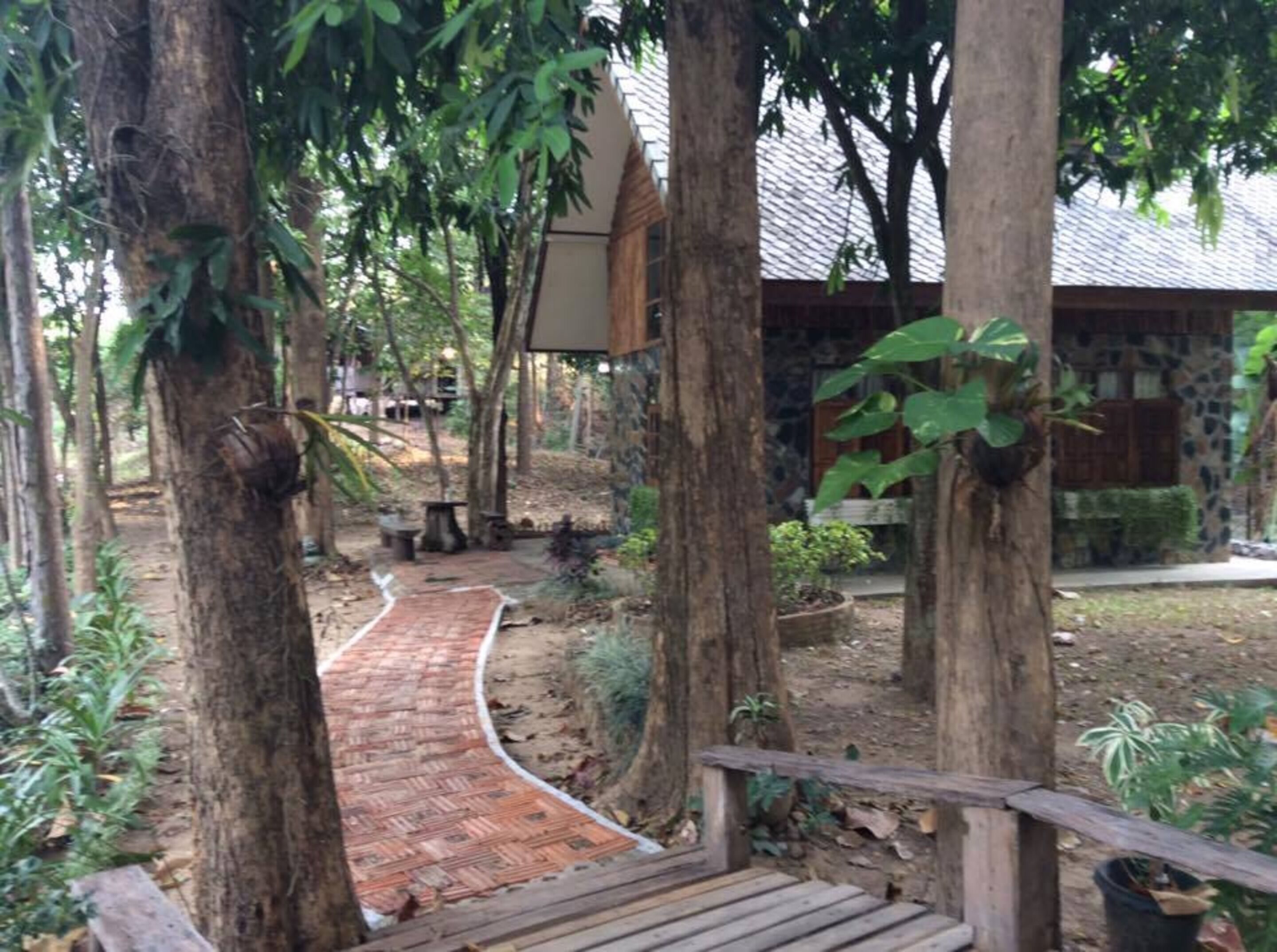 A wooden pathway leading to a rustic building surrounded by trees.