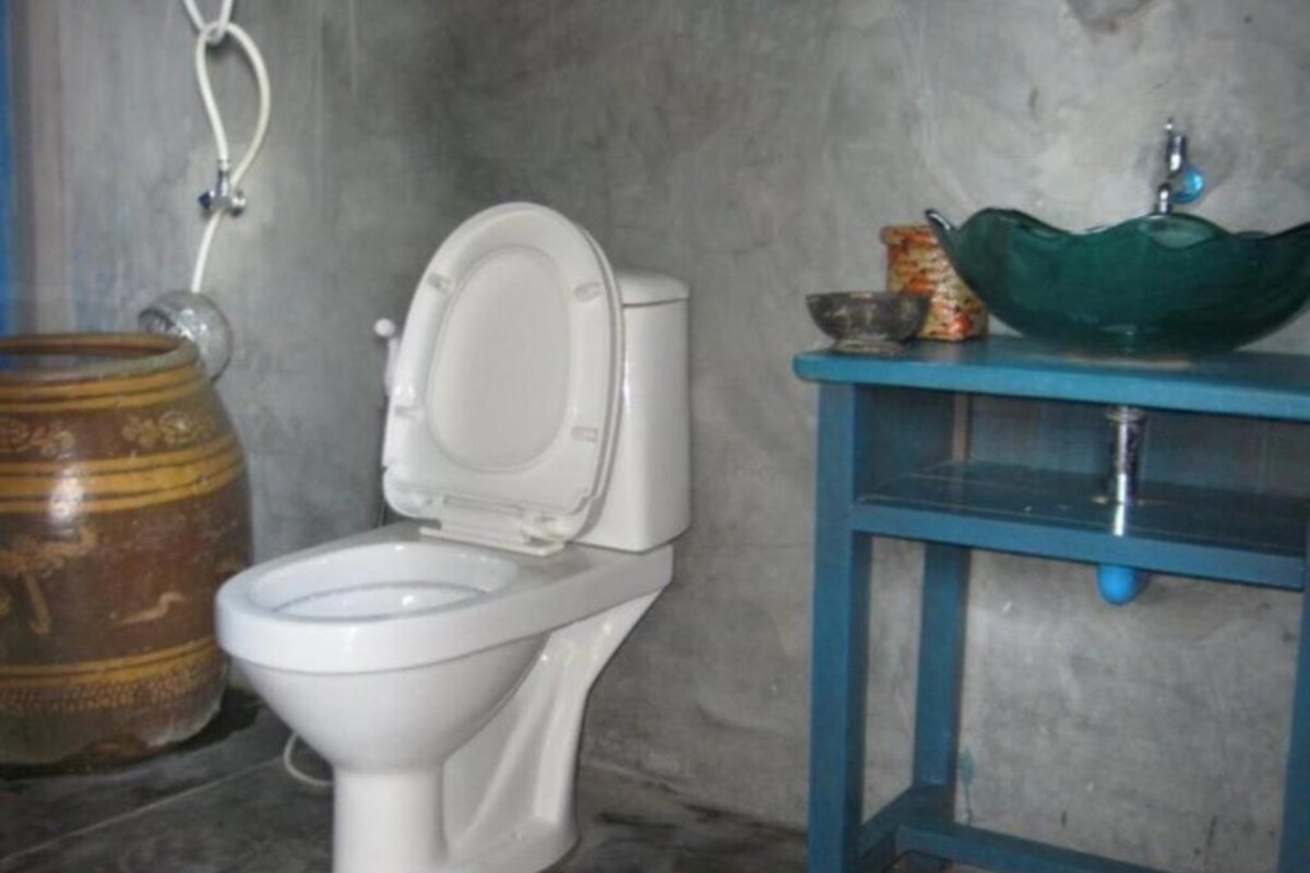 A toilet with a raised seat, a blue sink with a green basin, and a large ceramic pot.