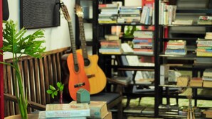 A room with a bookshelf filled with books, a guitar leaning against the wall, and a small plant on a table.