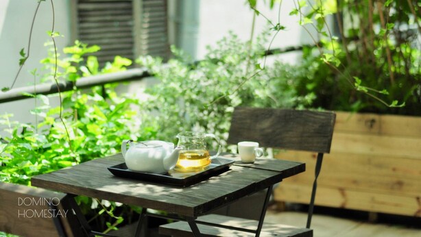 A wooden table with a teapot, a pitcher, and a cup, set in a lush green outdoor area with a wooden bench and a planter.