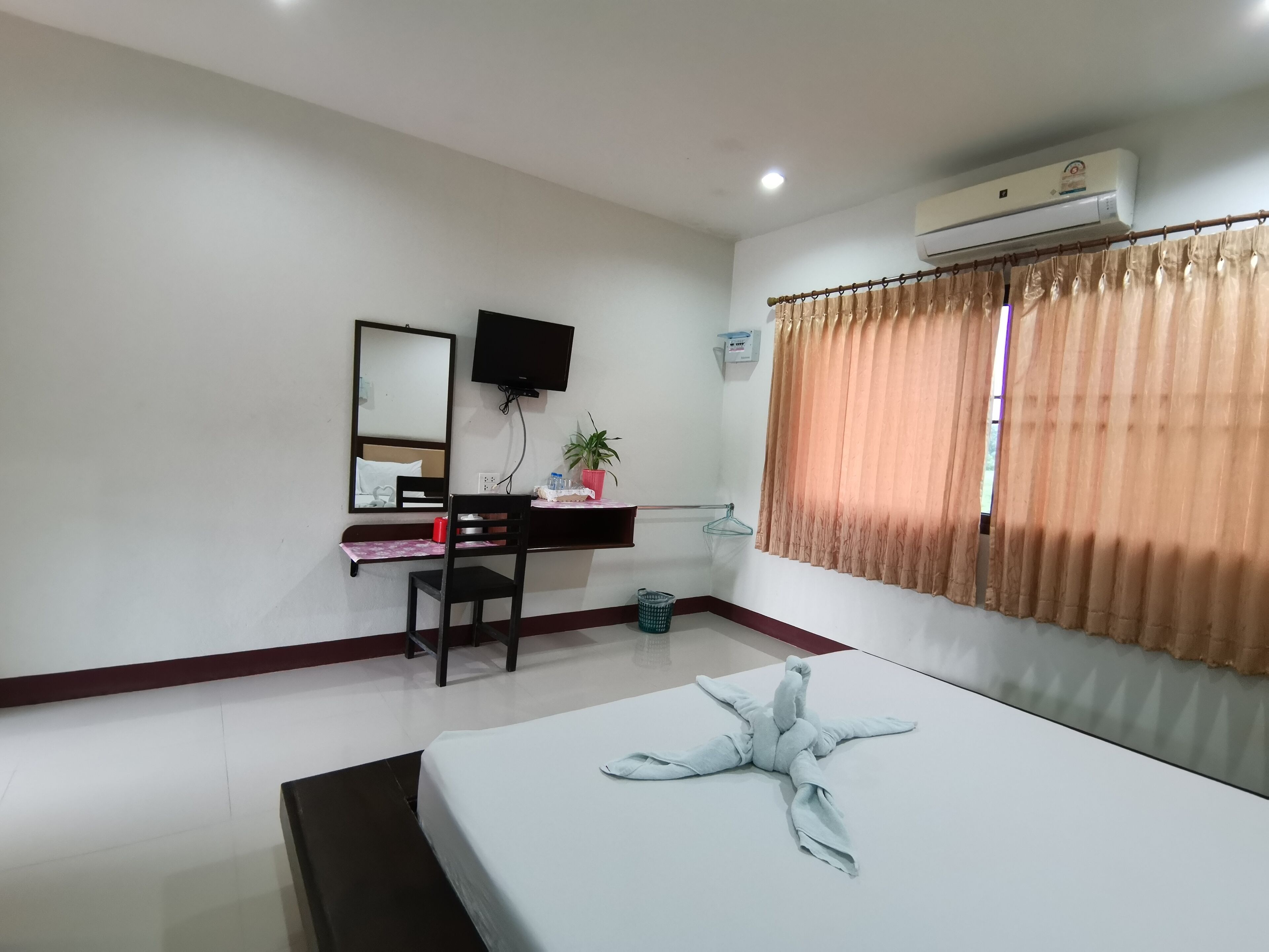 A hotel room with a bed, a desk with a chair, a TV mounted on the wall, a potted plant, and a window with curtains.
