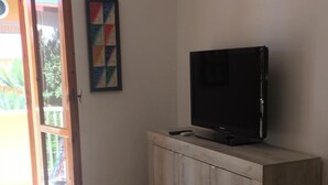 Una habitación con un armario de madera, un televisor encima y una puerta que da a un espacio exterior.