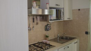 Una cocina compacta con estufa a gas, pileta de acero inoxidable y microondas.
