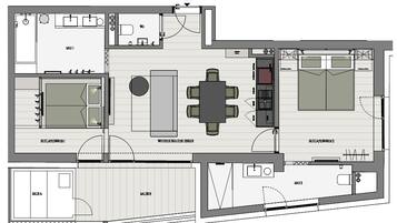 A floor plan of a hotel with a living room, two bedrooms, a bathroom, a kitchen, and a sauna.
