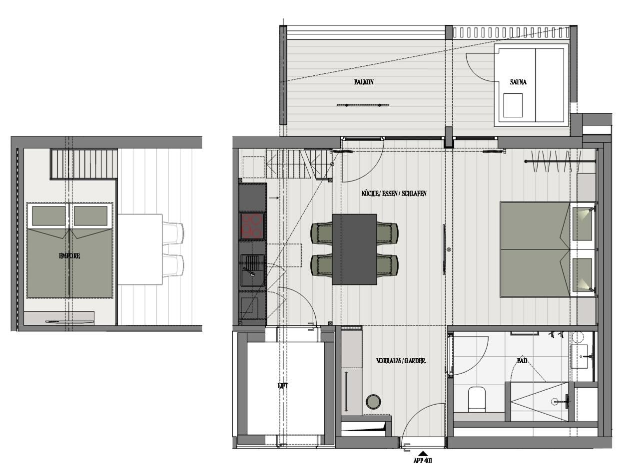 Grundriss eines Hotels mit Balkon, Sauna, Küche, Essbereich und Garten.